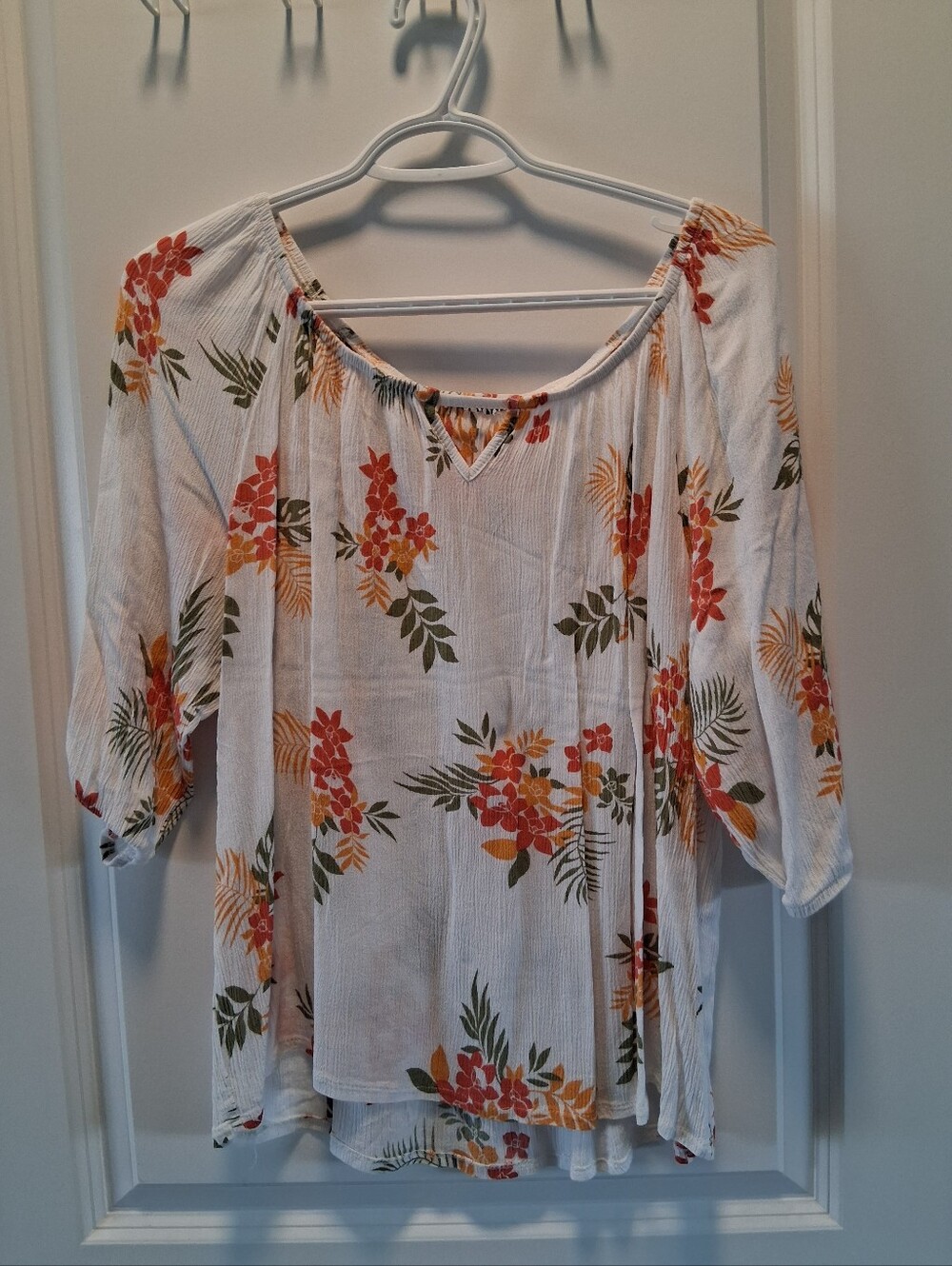 Floral Off-Shoulder Women's Top - White with Orange & Green Print